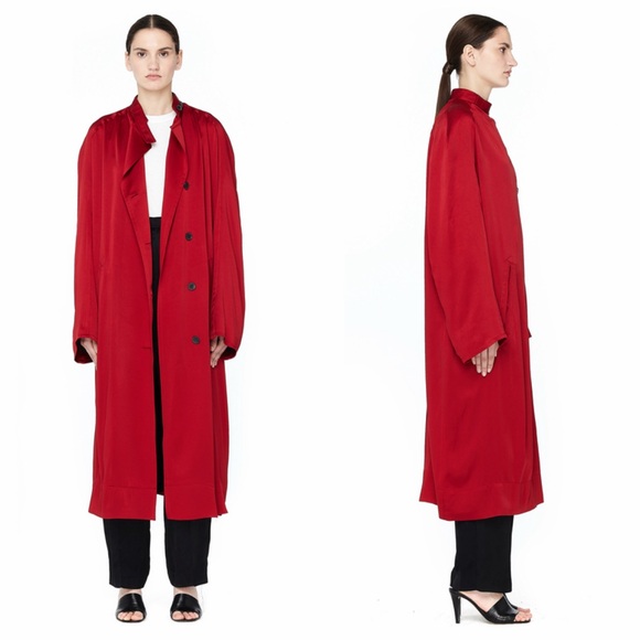 HAIDER ACKERMANN Satin Trench Coat Red Single Breasted FR 38 Single Breasted NWT - Picture 2 of 12